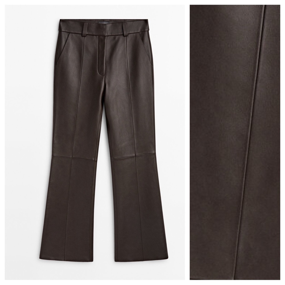 NWT. Massimo Dutti Nappa Leather Brown  Flared Trousers. Size M.